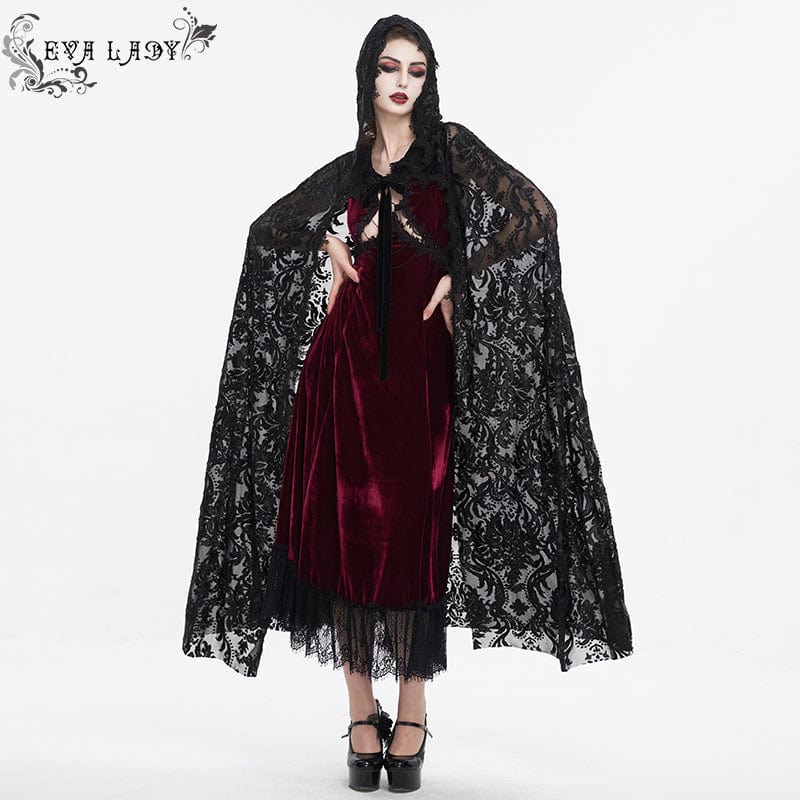 Women's Gothic Lace-up Flocking Lace Cloak with Hood