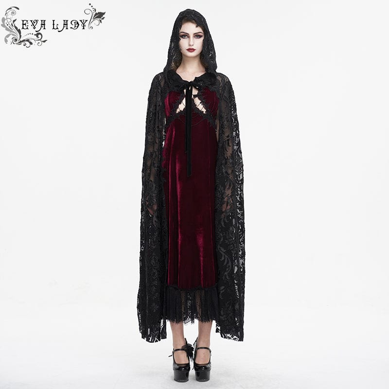 Women's Gothic Lace-up Flocking Lace Cloak with Hood - Image 3
