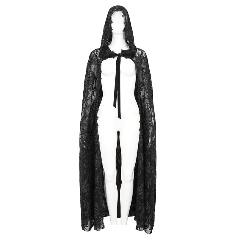 Women's Gothic Lace-up Flocking Lace Cloak with Hood - Image 6