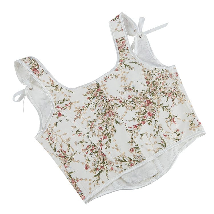 Women's Gothic Lace-up Floral Overbust Corsets White - Image 5