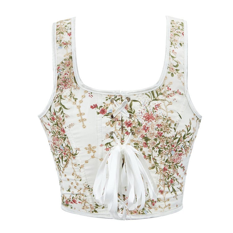 Women's Gothic Lace-up Floral Overbust Corsets White - Image 3