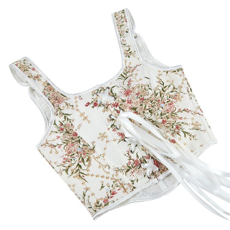 Women's Gothic Lace-up Floral Overbust Corsets White - Image 4