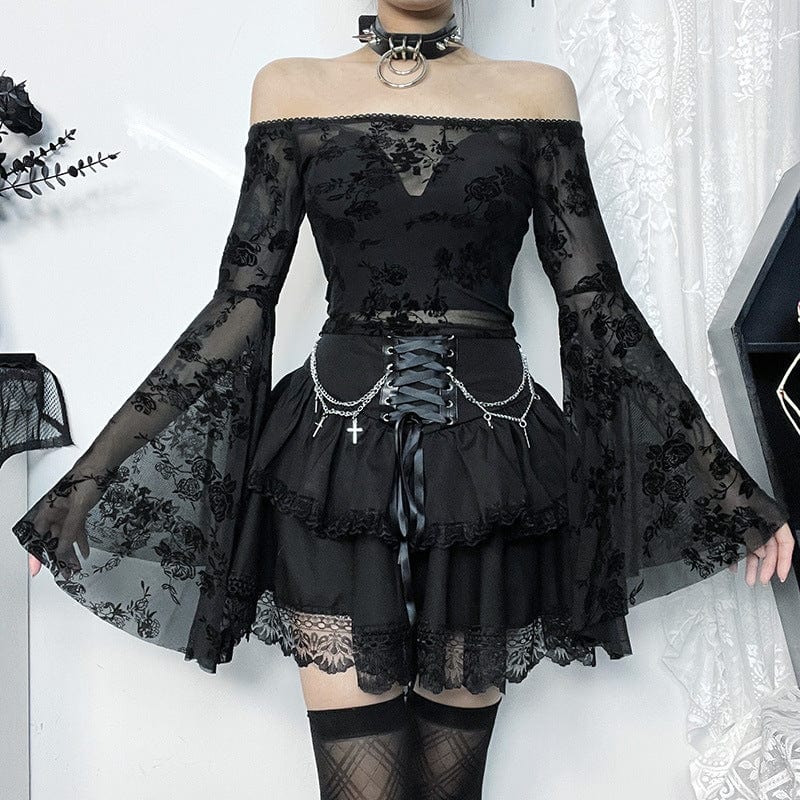 Women's Gothic Lace-up Lace Hem Skirt with Chain - Image 4