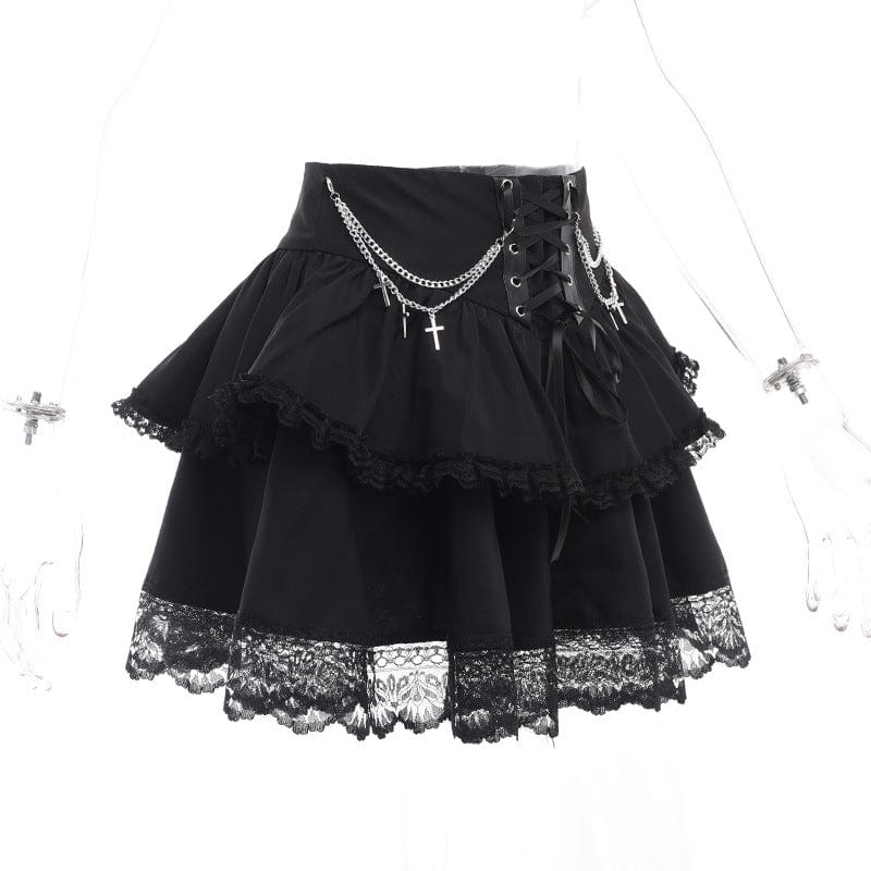 Women's Gothic Lace-up Lace Hem Skirt with Chain - Image 8