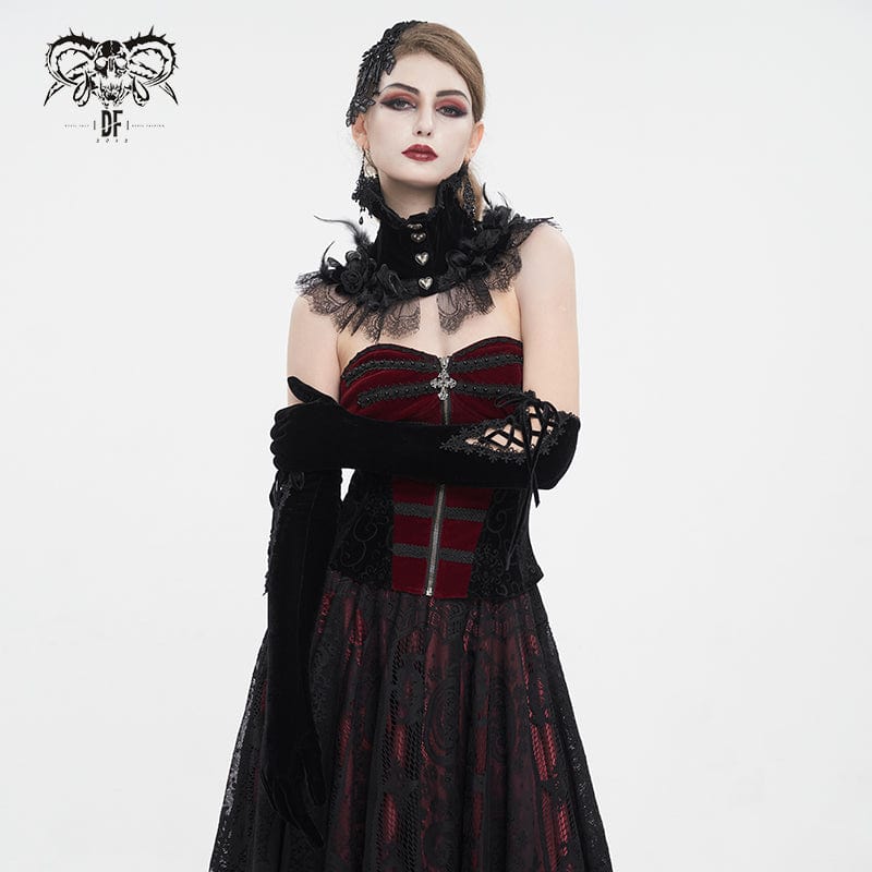 Women's Gothic Lace-up Lace Hem Velvet Gloves Black - Image 5