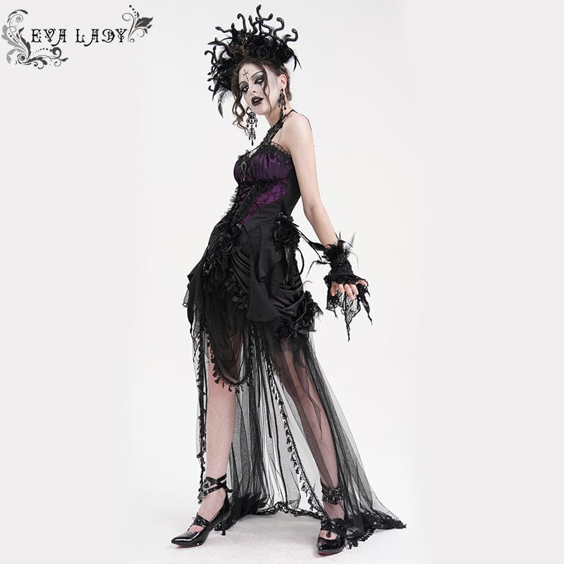 Women's Gothic Lace-up Lace Overbust Corset Black Purple - Image 6