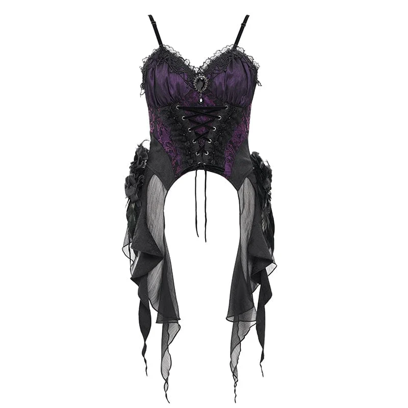Women's Gothic Lace-up Lace Overbust Corset Black Purple - Image 7