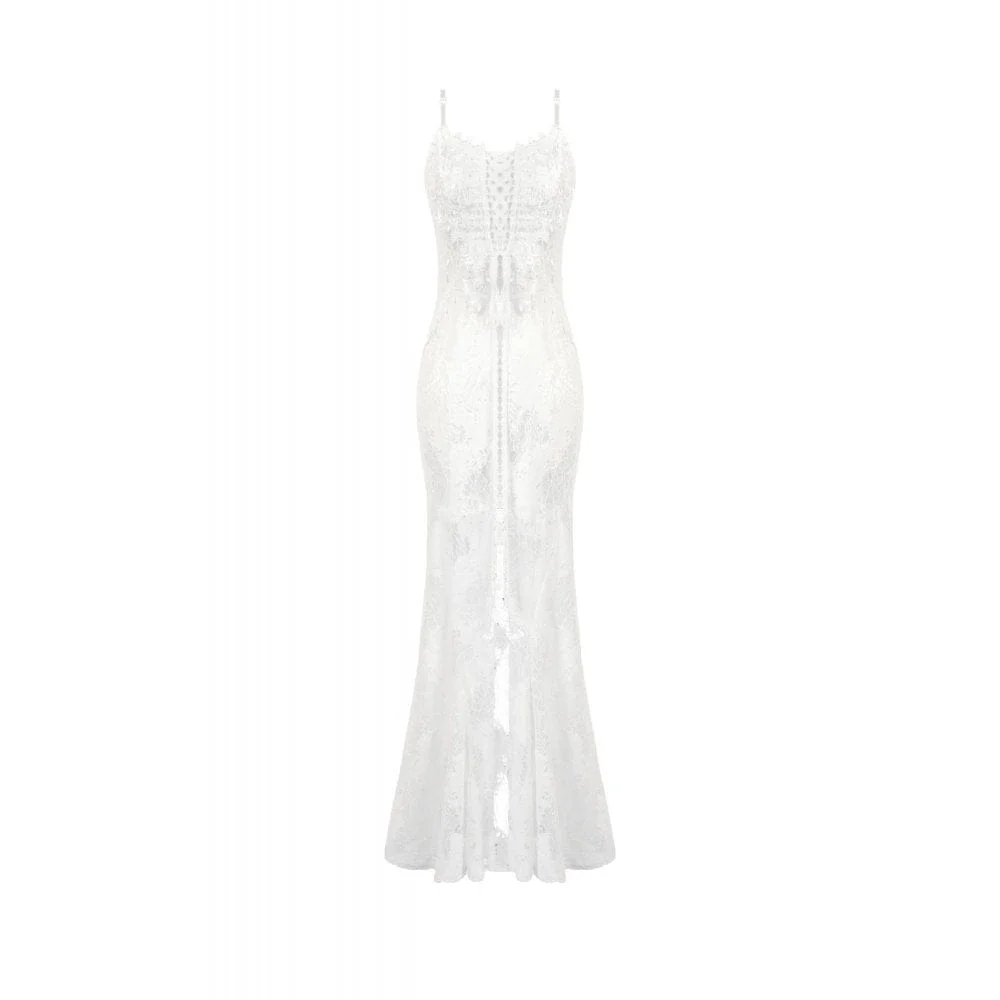Women's Gothic Lace-up Lace Slip White Dress Wedding Dress - Image 11