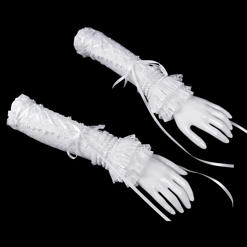 Women's Gothic Lace-up Mesh Lace Arm Sleeves White - Image 5