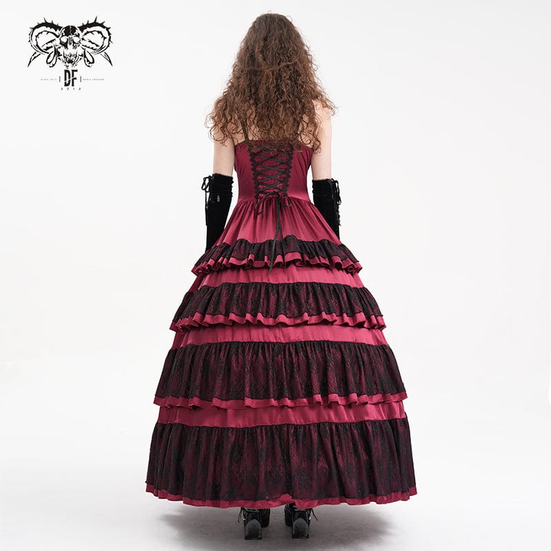 Women's Gothic Lace-up Mesh Lace Slip Dress Wedding Dress Red - Image 5