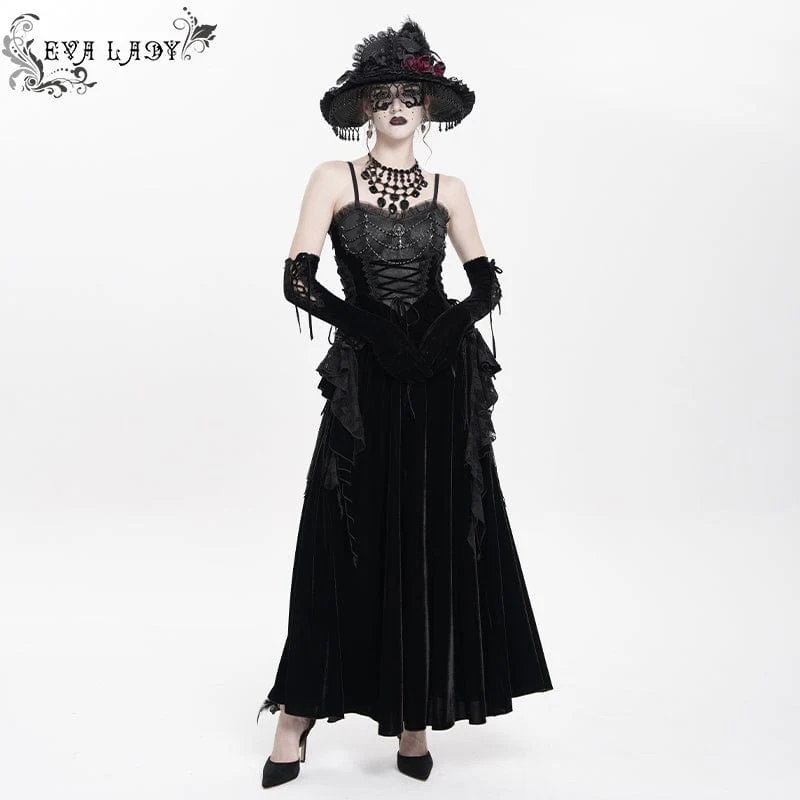 Women's Gothic Lace-up Plumed Velvet Long Slip Dress Wedding Dress - Image 2