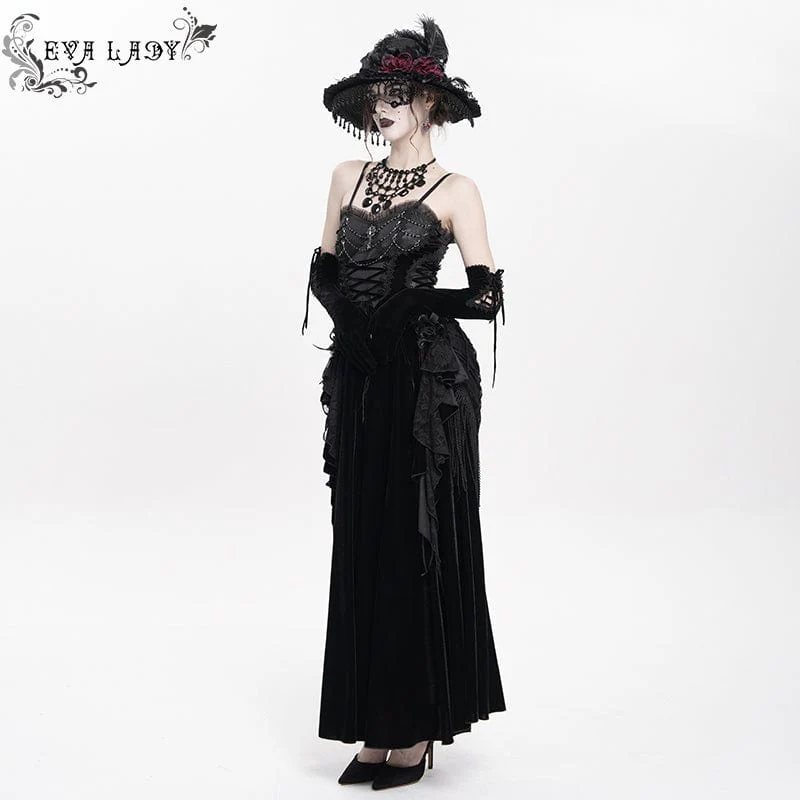 Women's Gothic Lace-up Plumed Velvet Long Slip Dress Wedding Dress - Image 3