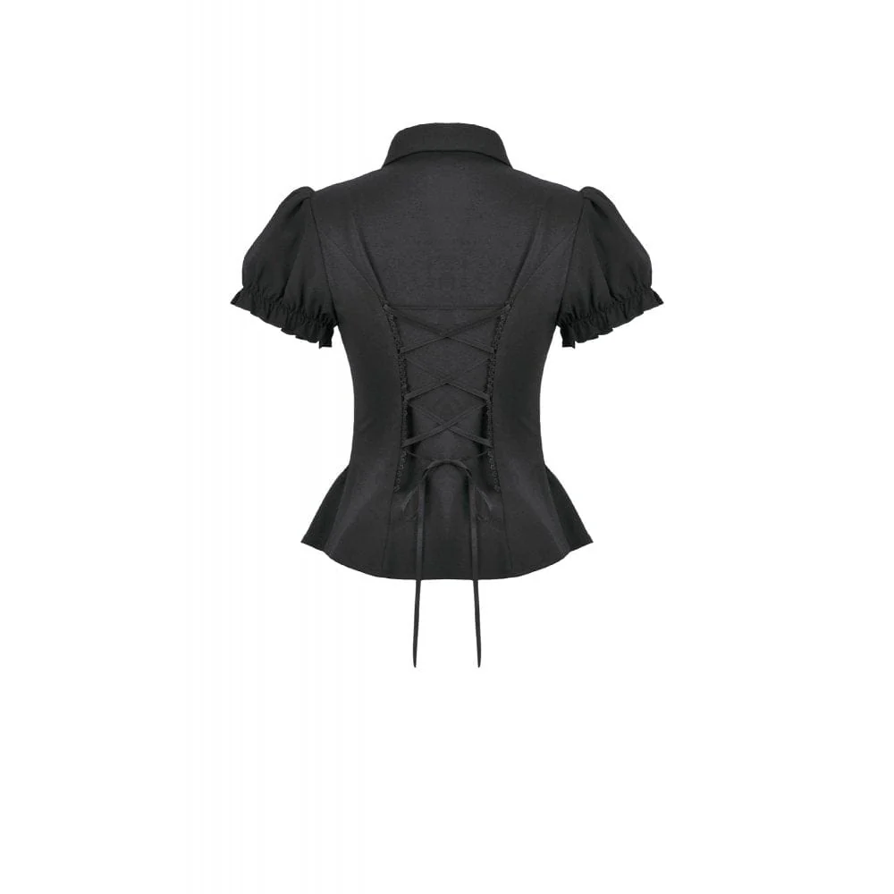 Women's Gothic Lace-up Puff Short Sleeved Shirt with Detachable Bow Tie - Image 11