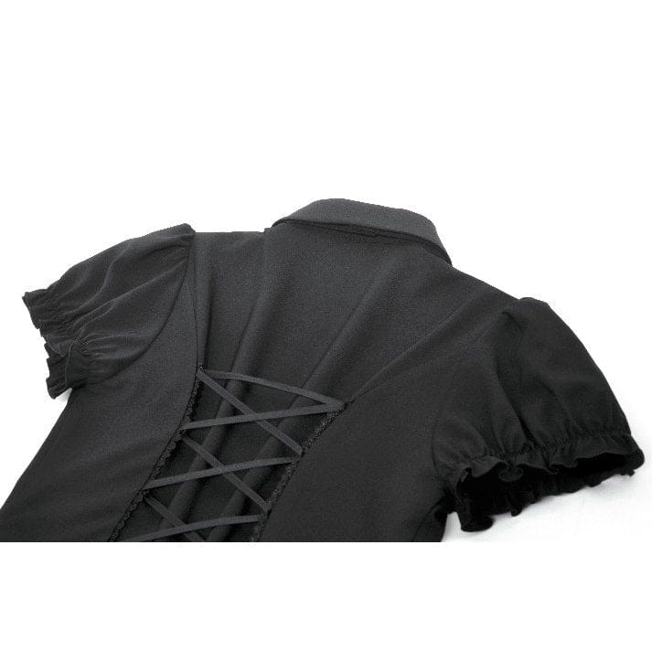 Women's Gothic Lace-up Puff Short Sleeved Shirt with Detachable Bow Tie - Image 13
