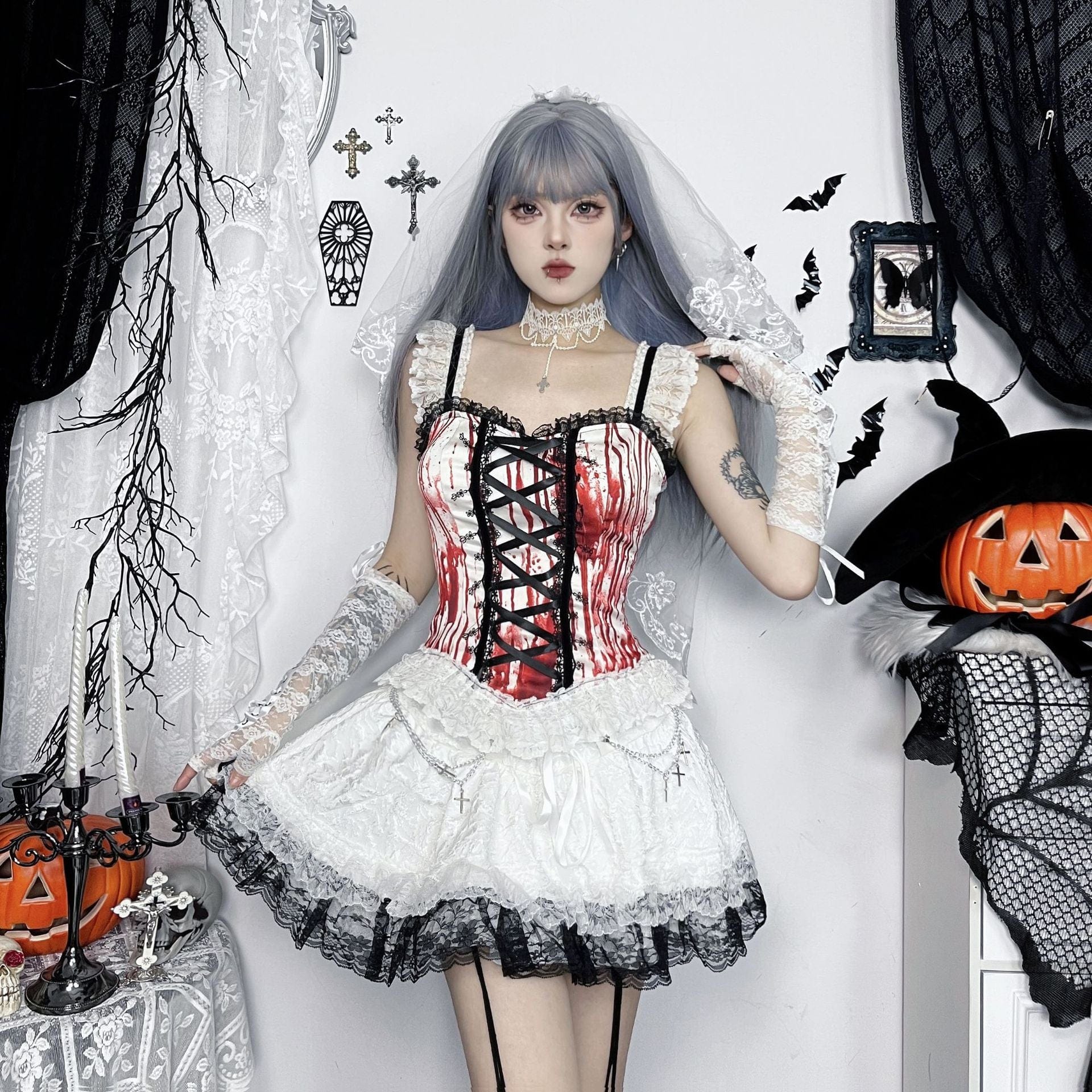 Women's Gothic Lace-up Ruffled Tank Top White Red - Image 3
