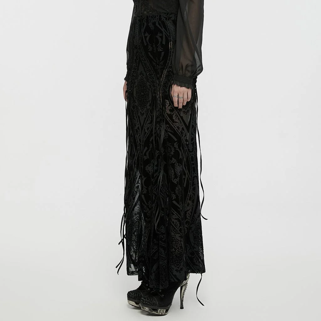 Women's Gothic Lace-up Sheer Flocked Mesh Skirt - Image 2