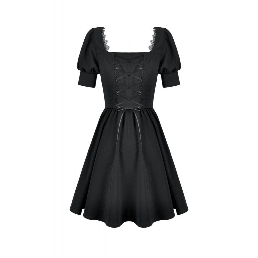 Women's Gothic Lace-up Square-cut Collar Puff Short Sleeved Dress Graduation Dress - Image 10