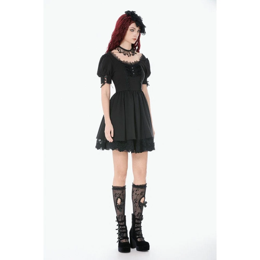 Women's Gothic Lace-up Square-cut Collar Puff Short Sleeved Dress Graduation Dress - Image 6