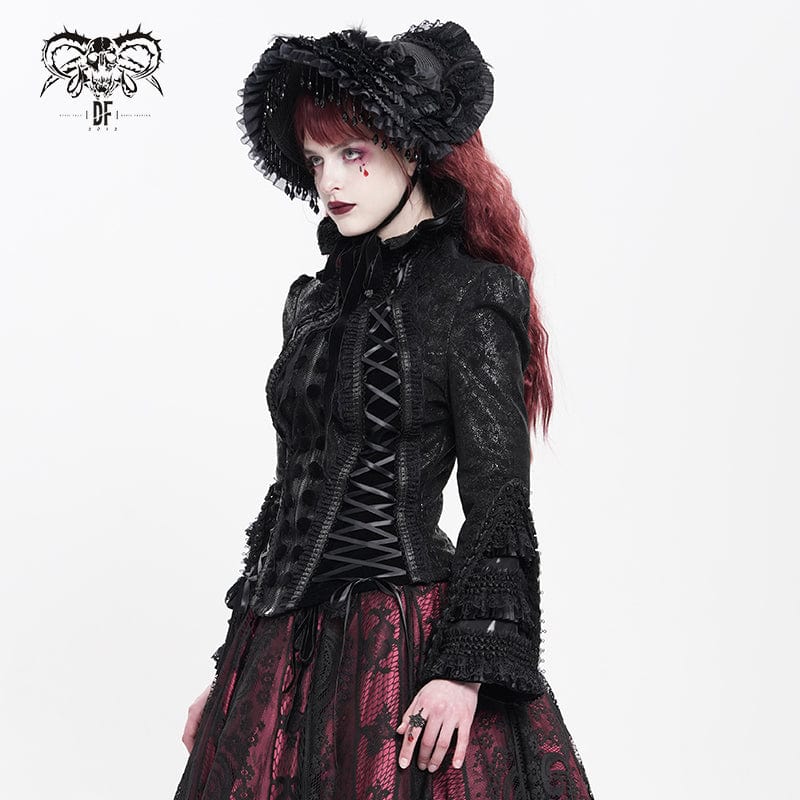 Women's Gothic Lace-up Turn-down Collar Flared Sleeved Jacket - Image 4
