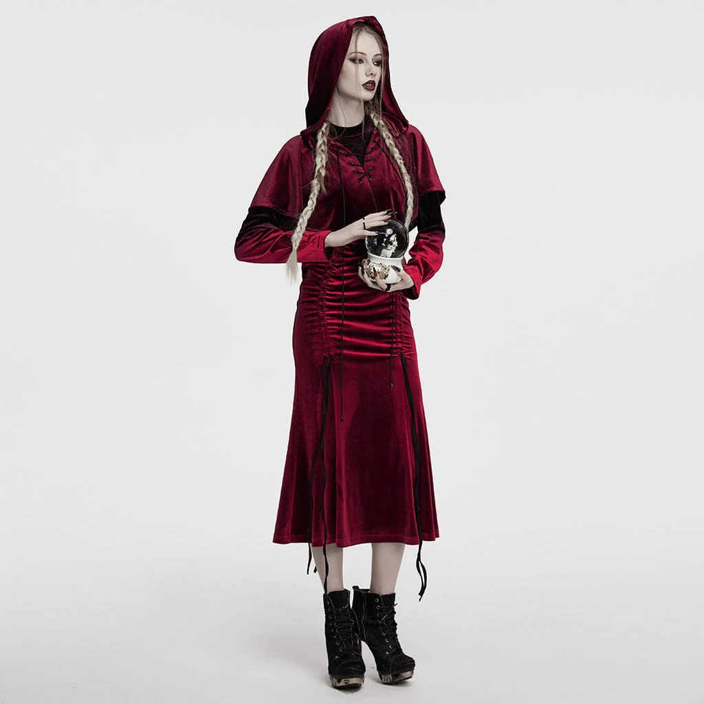 Women's Gothic Lace-up Velvet Hooded Cape Red - Image 4