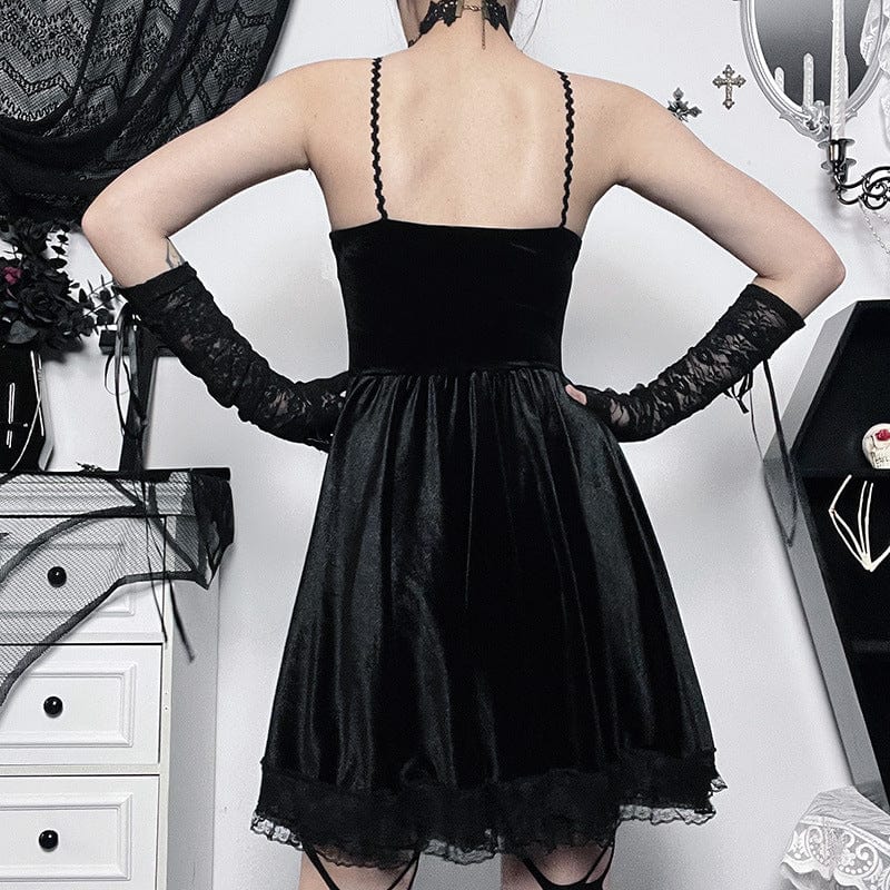 Women's Gothic Lacing-up Lace-trimmed Velvet Short Dress Graduation Dress - Image 3
