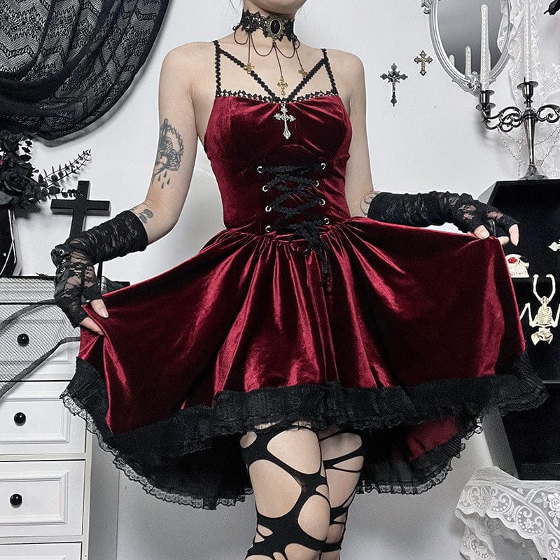 Women's Gothic Lacing-up Lace-trimmed Velvet Short Dress Graduation Dress - Image 5