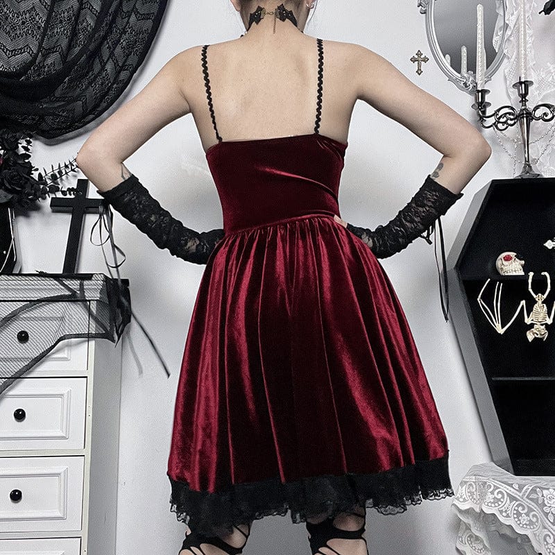 Women's Gothic Lacing-up Lace-trimmed Velvet Short Dress Graduation Dress - Image 6
