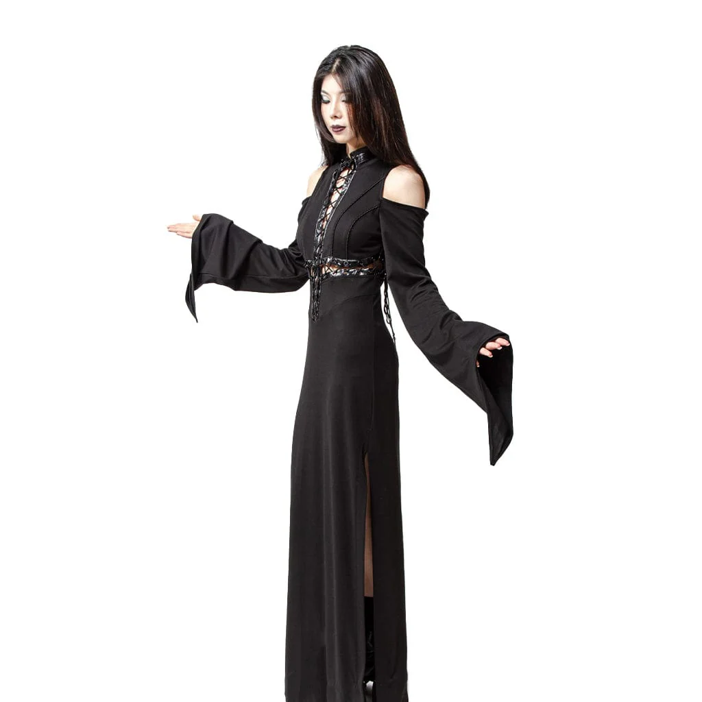 Women's Gothic Lacing-up Trumpet Sleeved Maxi Dress - Image 2