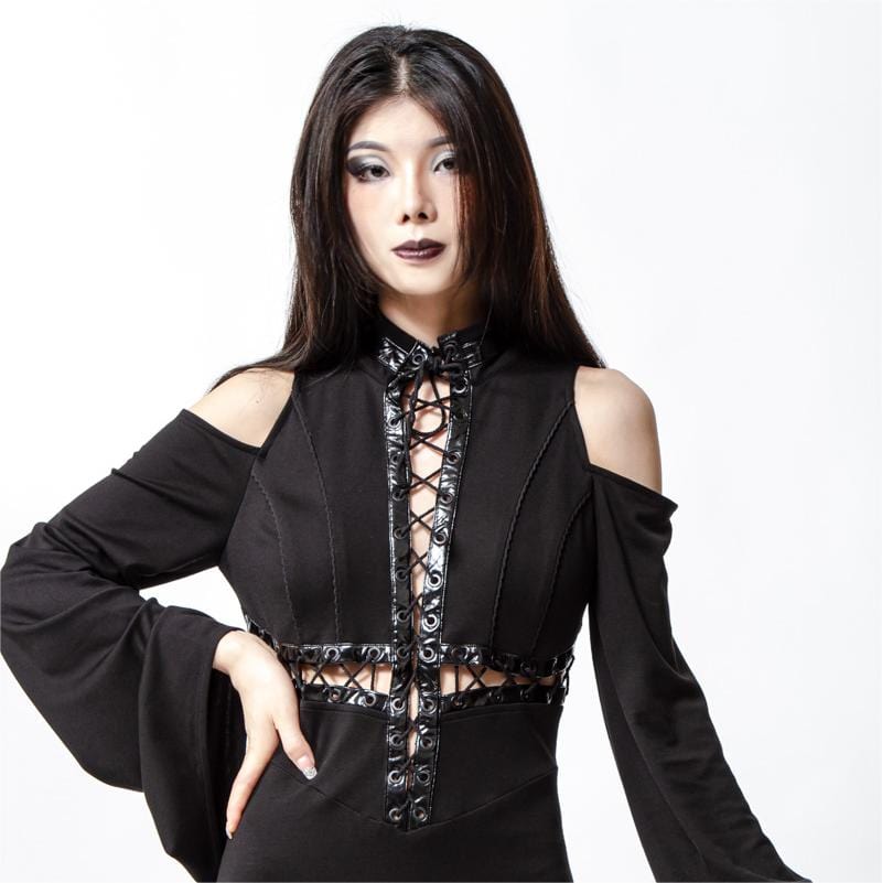 Women's Gothic Lacing-up Trumpet Sleeved Maxi Dress - Image 4