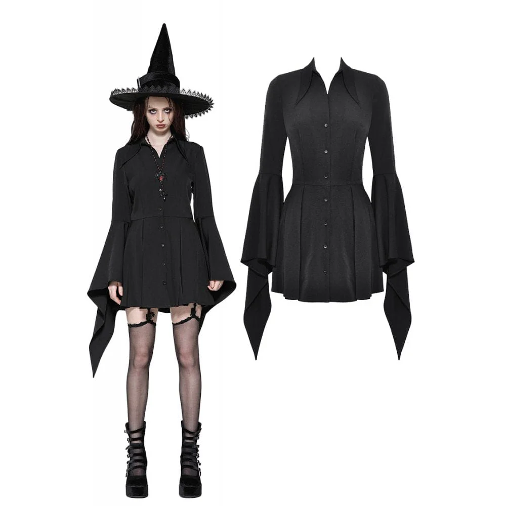 Women's Gothic Lapel Collar Flared Sleeved Witch Dress