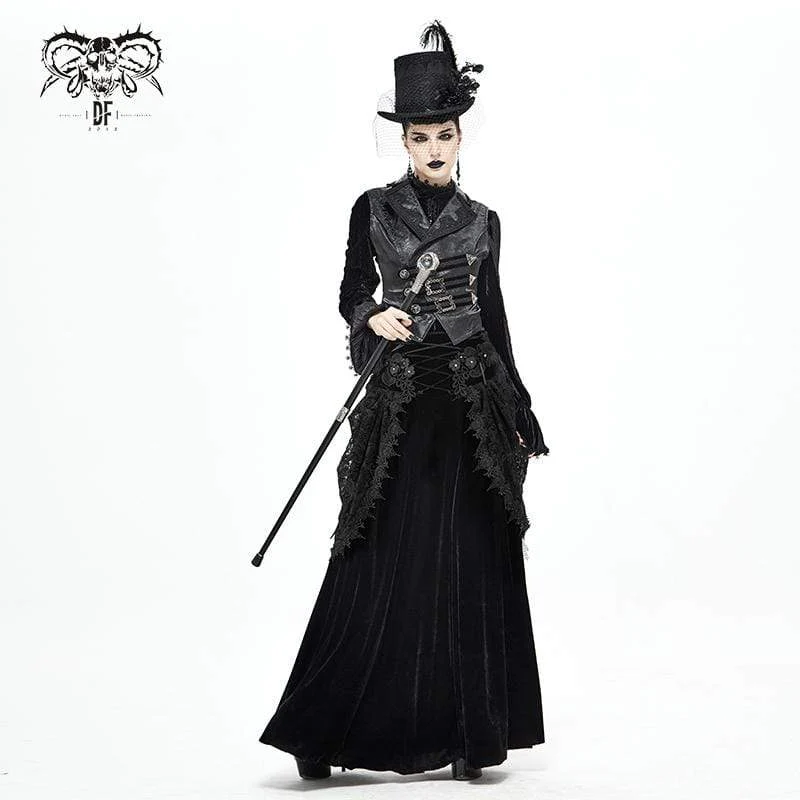 Women's Gothic Layered Floral Embroidered Black Long Skirt - Image 4