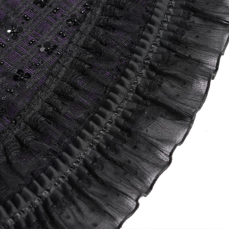 Women's Gothic Layered Lace-up Plaid Skirt Black-Purple - Image 11