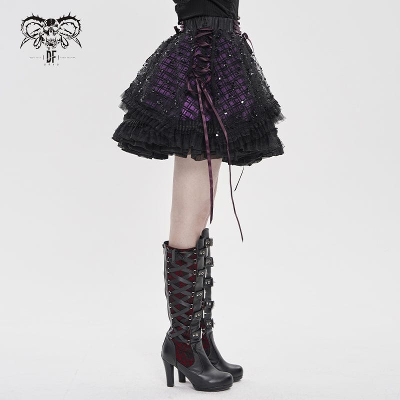 Women's Gothic Layered Lace-up Plaid Skirt Black-Purple - Image 2