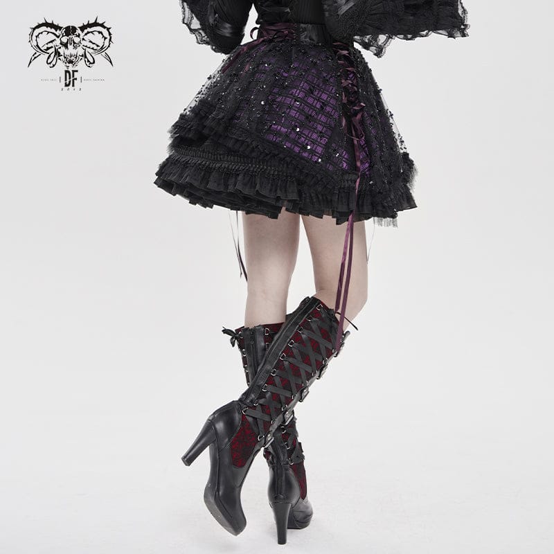 Women's Gothic Layered Lace-up Plaid Skirt Black-Purple - Image 3