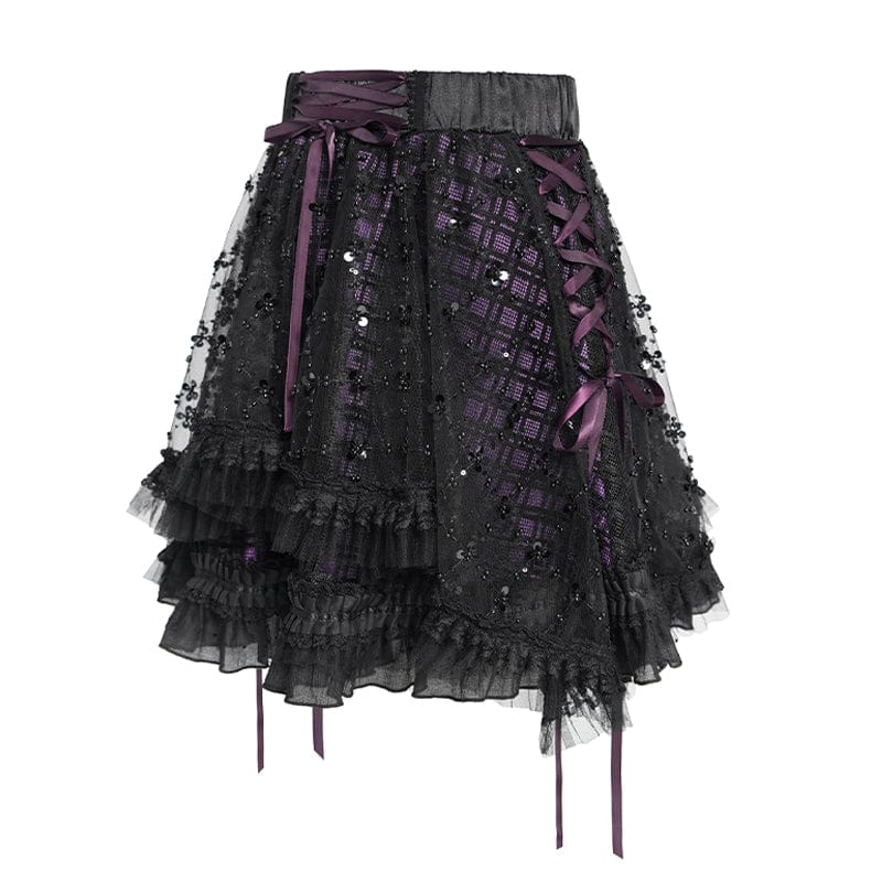 Women's Gothic Layered Lace-up Plaid Skirt Black-Purple - Image 7