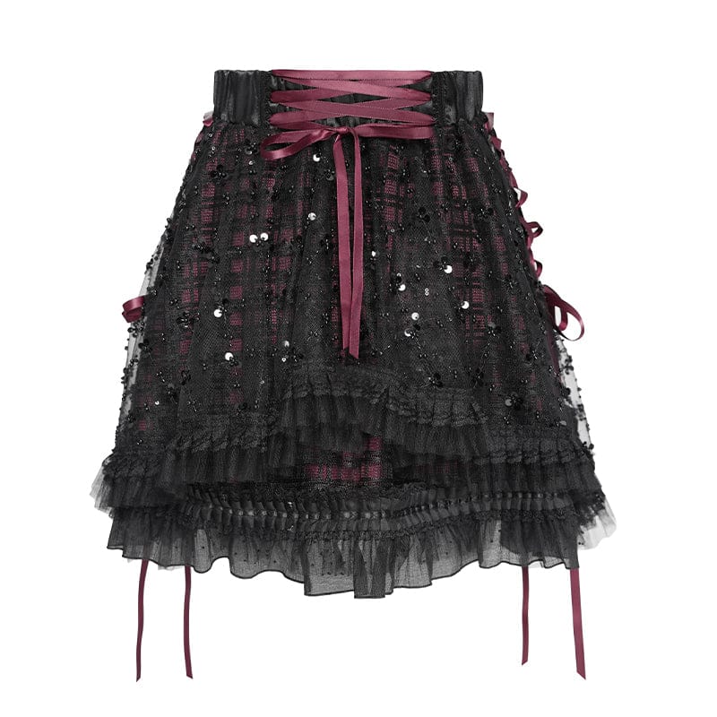 Women's Gothic Layered Lace-up Plaid Skirt Black-Red - Image 8