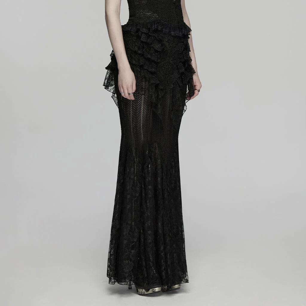 Women's Gothic Layered Ruffled Lace Mermaid Skirt - Image 2