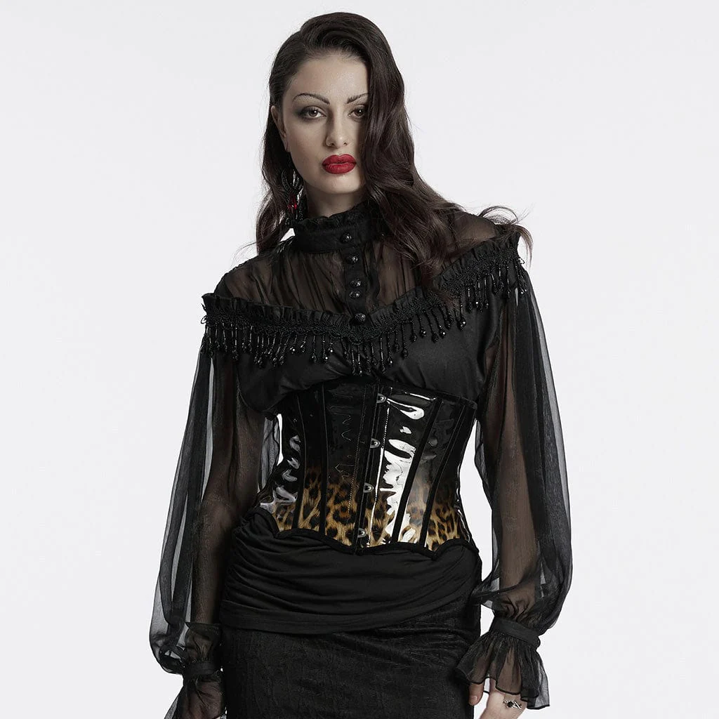 Women's Gothic Leopard Patent Leather Underbust Corset Coffee