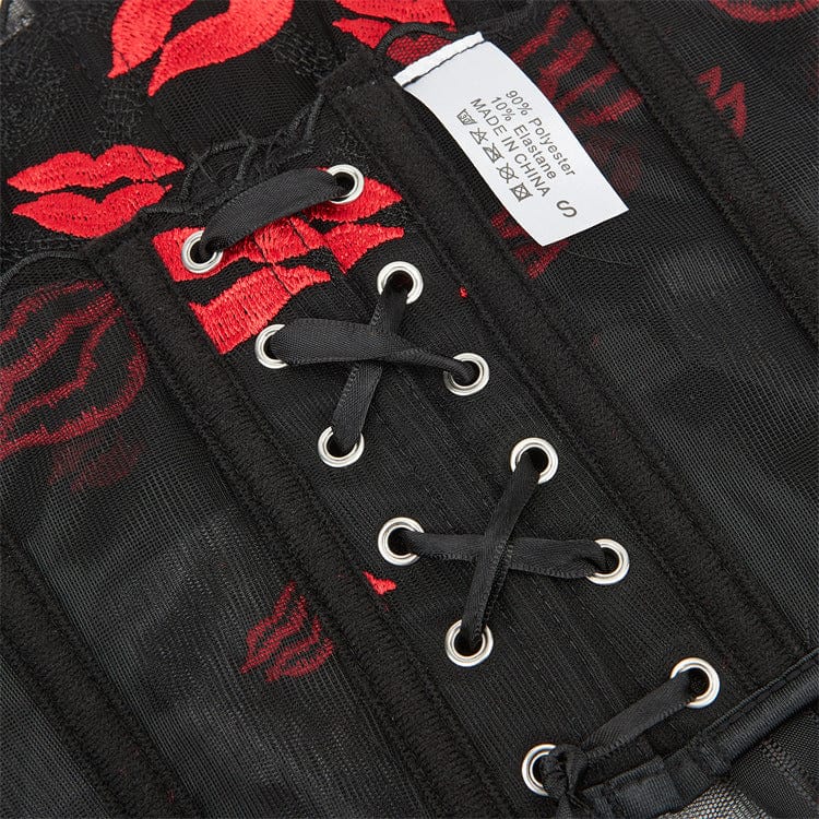 Women's Gothic Lip Printed Mesh Overbust Corset - Image 5