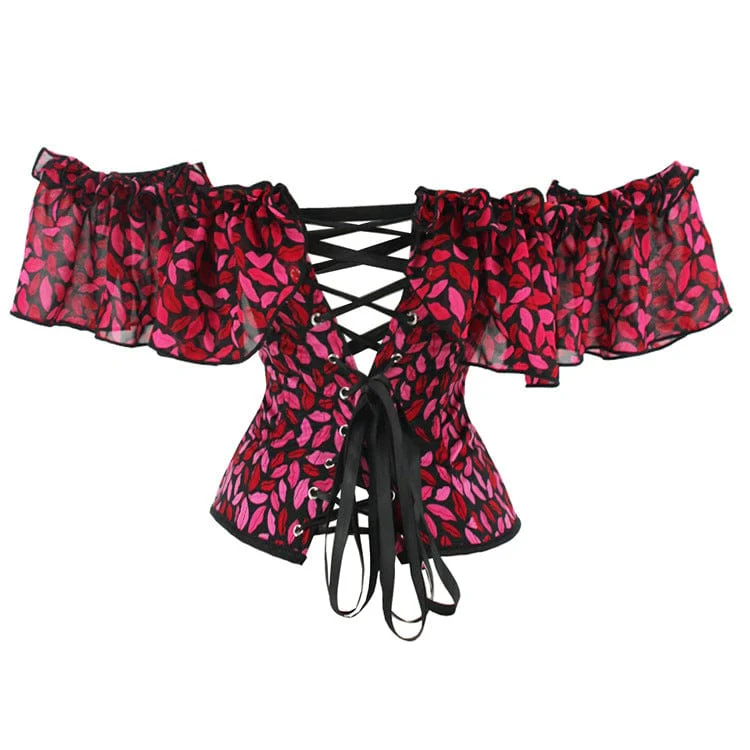 Women's Gothic Lip Printed Ruffled Overbust Corset - Image 3