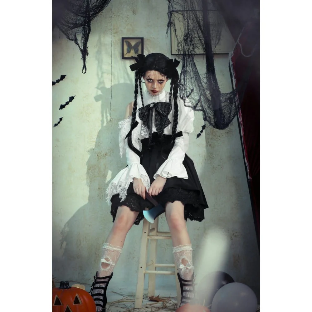 Women's Gothic Lolita Bowknot Short Dress Graduation Dress Black White - Image 12