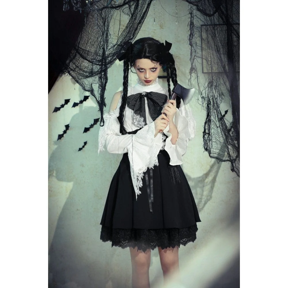 Women's Gothic Lolita Bowknot Short Dress Graduation Dress Black White - Image 9