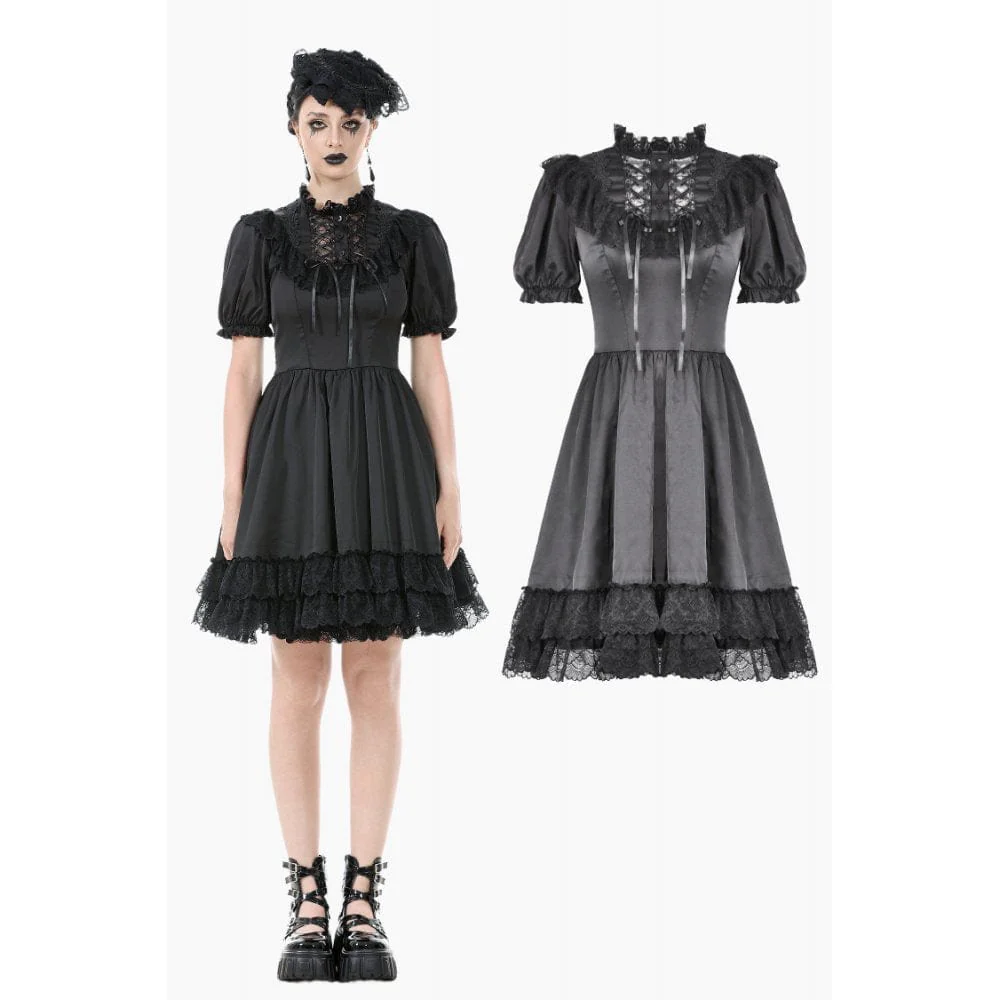 Women's Gothic Lolita Lacing-up Puff Sleeved Lace Dress Graduation Dress