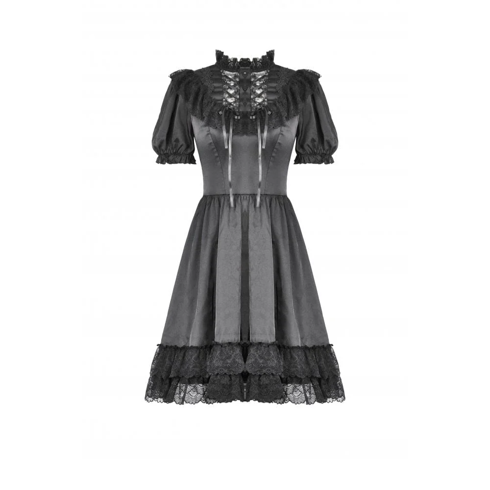 Women's Gothic Lolita Lacing-up Puff Sleeved Lace Dress Graduation Dress - Image 14