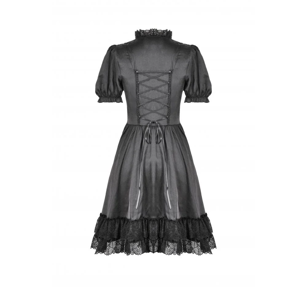Women's Gothic Lolita Lacing-up Puff Sleeved Lace Dress Graduation Dress - Image 15