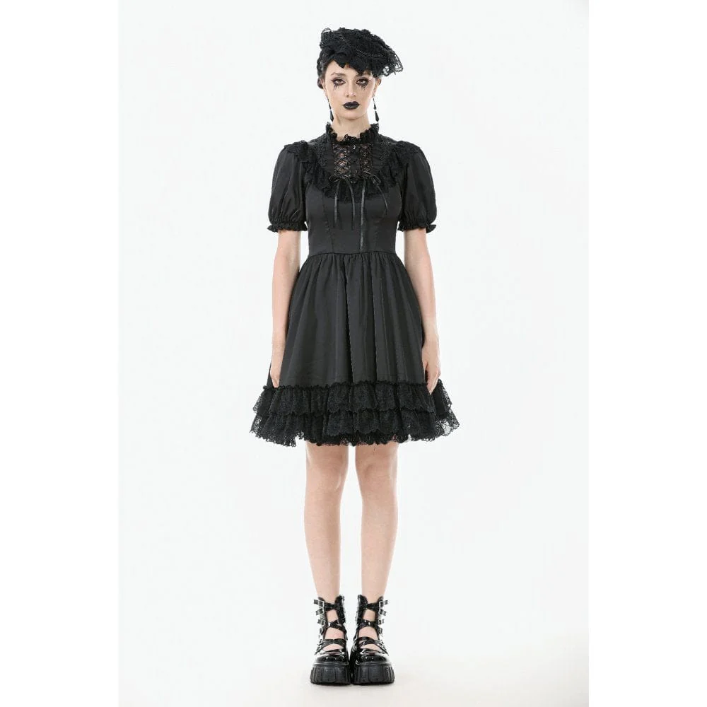 Women's Gothic Lolita Lacing-up Puff Sleeved Lace Dress Graduation Dress - Image 5