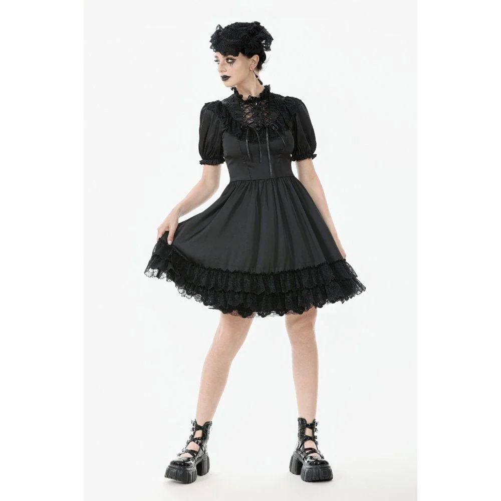 Women's Gothic Lolita Lacing-up Puff Sleeved Lace Dress Graduation Dress - Image 6
