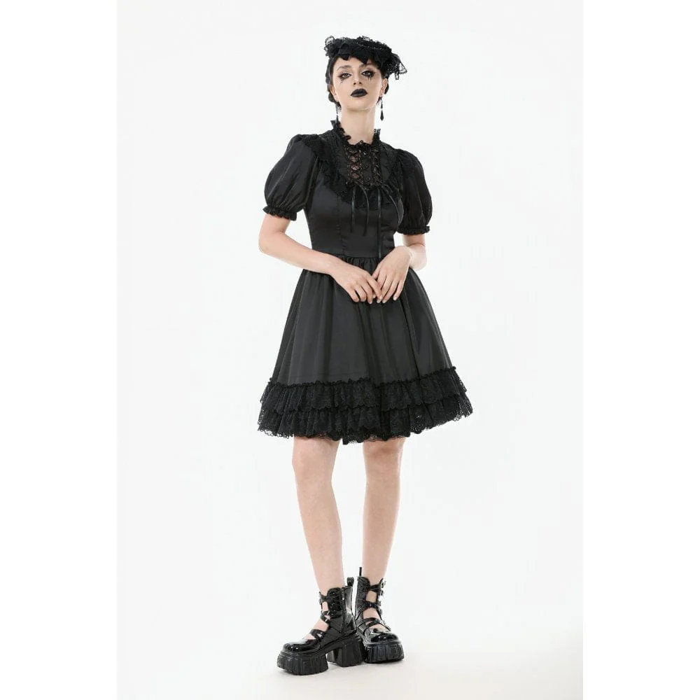 Women's Gothic Lolita Lacing-up Puff Sleeved Lace Dress Graduation Dress - Image 8