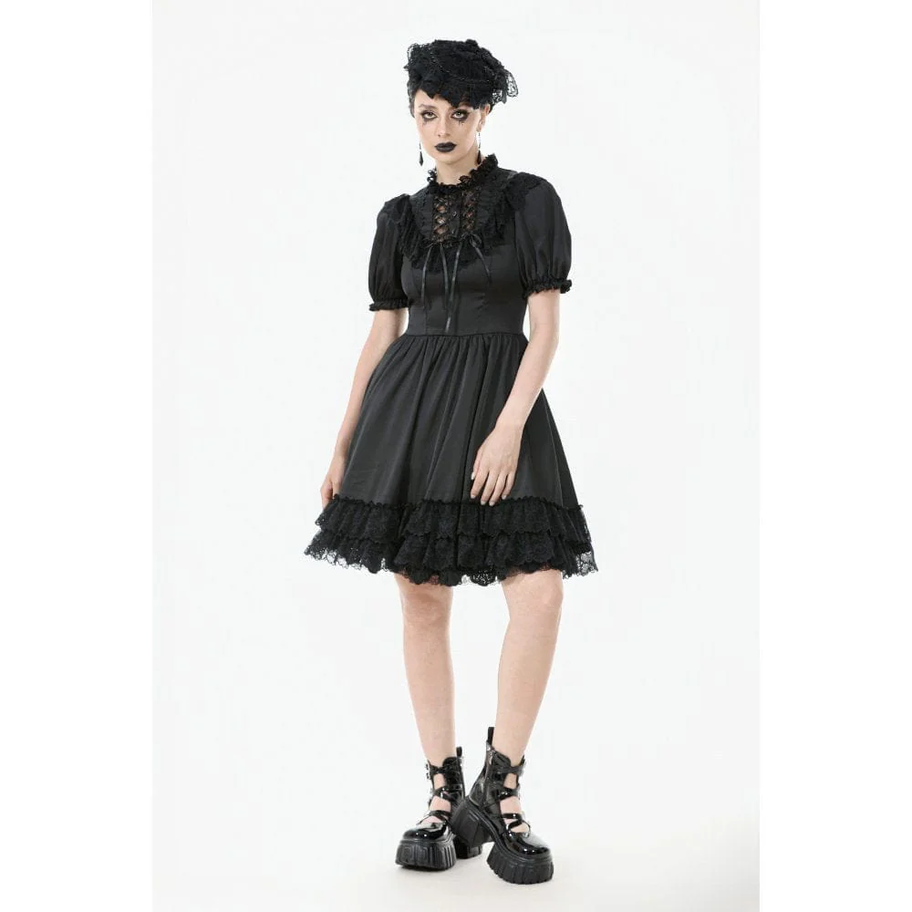Women's Gothic Lolita Lacing-up Puff Sleeved Lace Dress Graduation Dress - Image 9