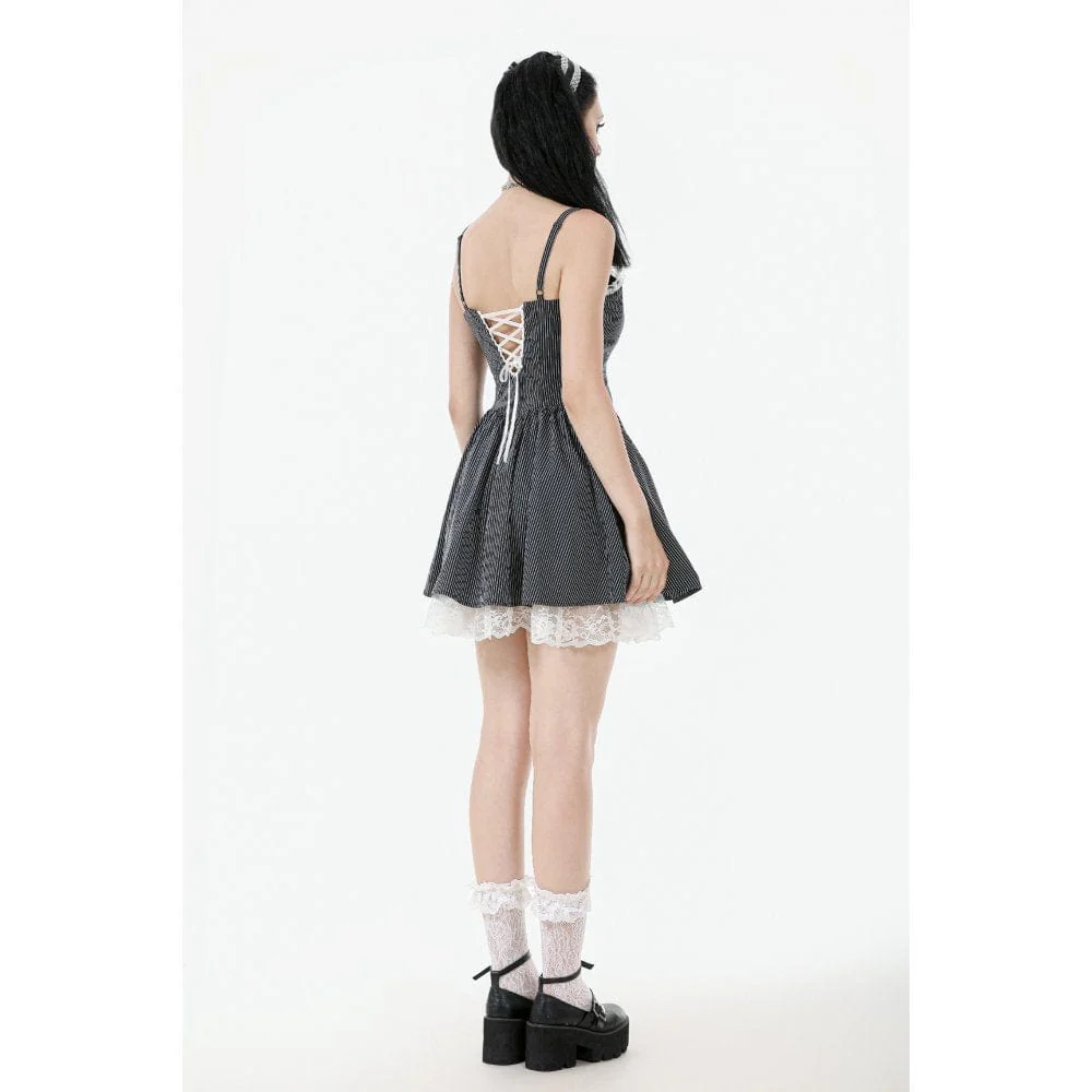 Women's Gothic Lolita Pinstriped Slip Dress Graduation Dress - Image 9
